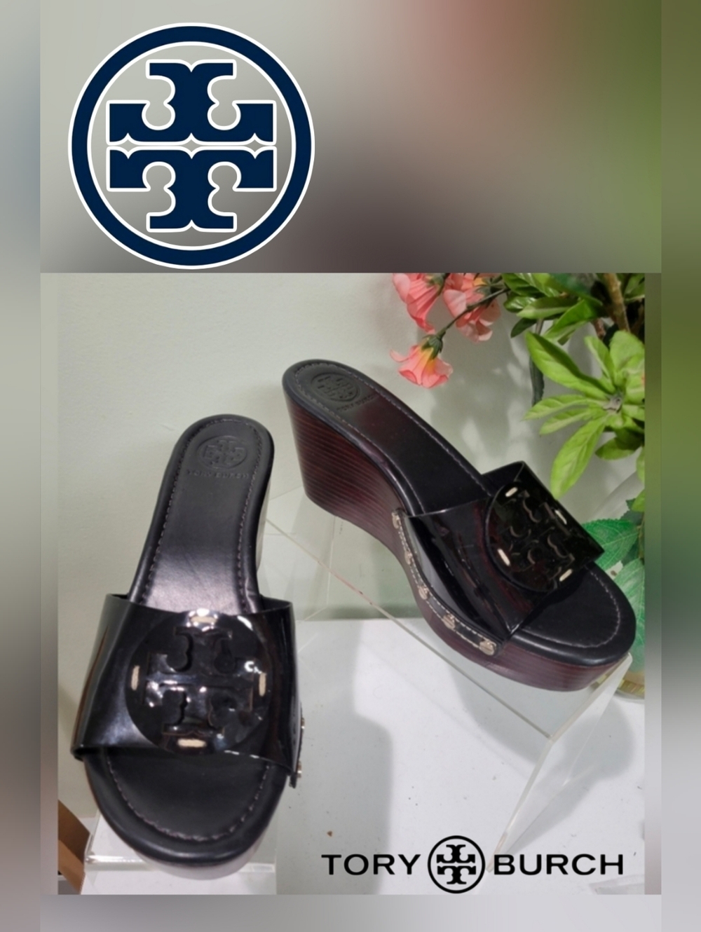 Tory Burch Patty Black Patent Wedge Slide Sandals 9 M Platform Shoes - Picture 3 of 13